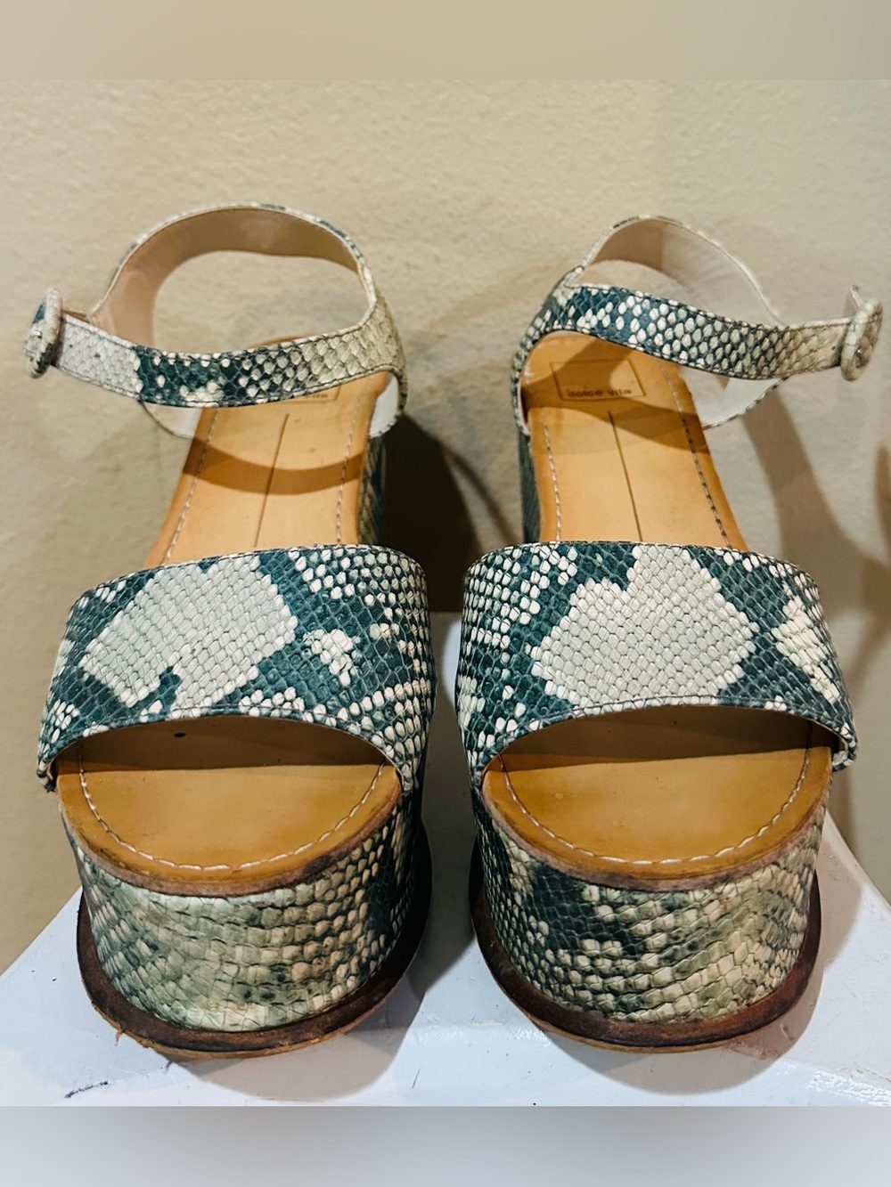 Dolce Vita Green & White Snake-Print Platform Sandals